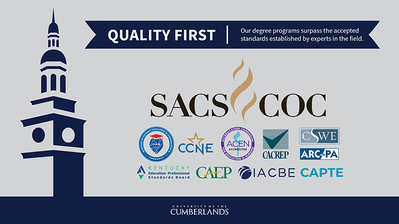 A graphic that includes all the logos from Cumberlands accrediting agencies. 