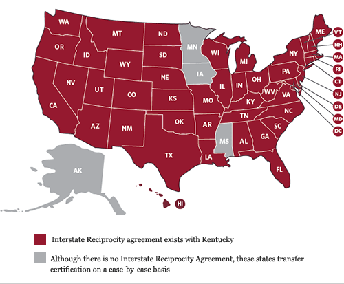 Teachers certifications from Kentucky are accepted in all states except Alaska, Iowa, Minnesota, and Mississippi