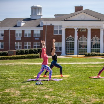 Yoga being done on the campus lawn