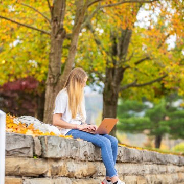 A student sitting on a wall using a laptop