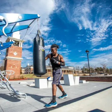 Working out on a punching bag