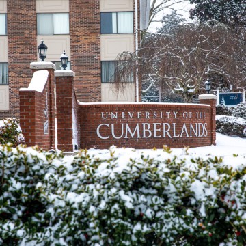 "University of the Cumberlands" on a brick wall in snow
