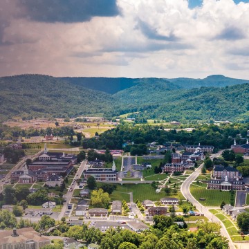 A mountain aerial view of campus. 