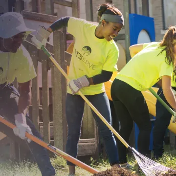 Two male and two female students use rakes to clean weeds from a flowerbed during a service event. 