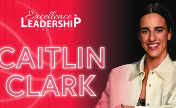 A graphic depicting Caitlin Clark as the 2025 leadership event speaker. 