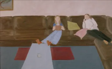 A student painting of two individuals sitting on a couch. 