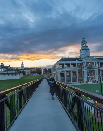 A student walks across the viaduct on the Cumberlands campus.
