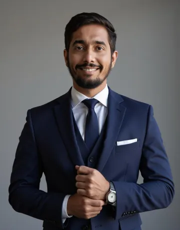 Rupesh Shirke poses in a blue suit. 