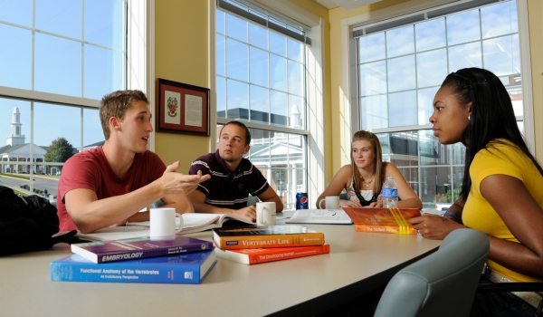 students and books at table