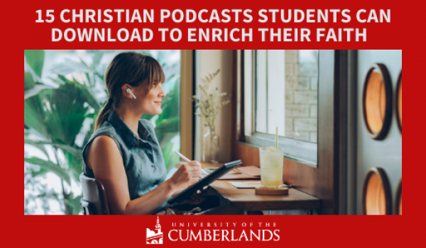 Female student listening to Christian podcast in coffee shop