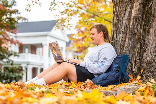 A student studies on the lawn at the Sutton House