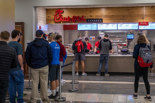 Students wait for lunch at the Chick Fil A 