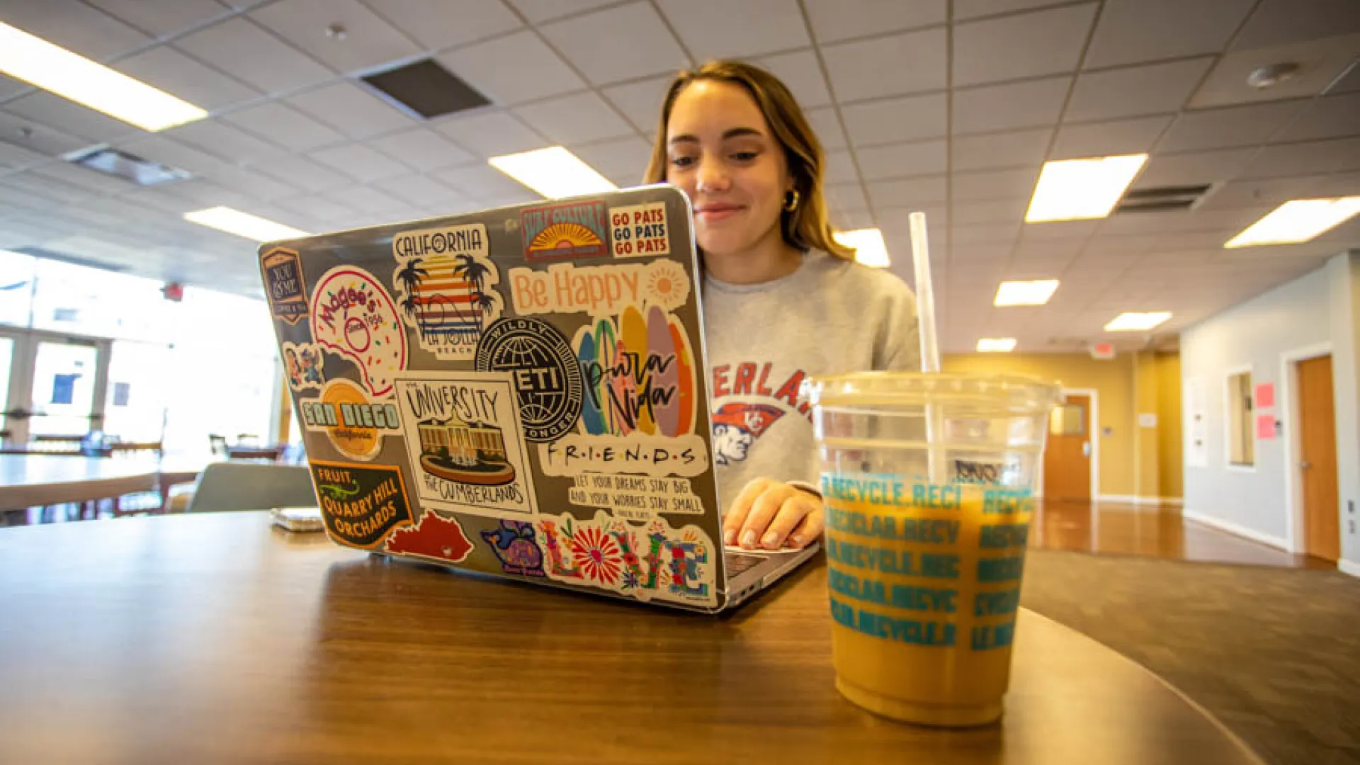 Young woman using laptop that's covered in stickers