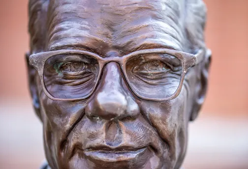 An up close photo of the Boswell statue on campus. 