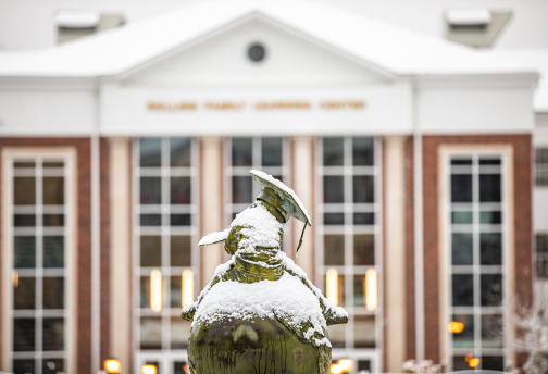 Snow falls on our academic statue on campus 