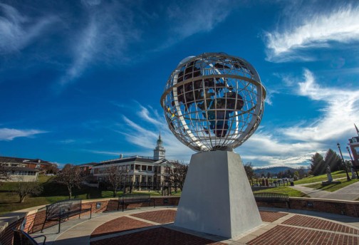 Globe statue on campus