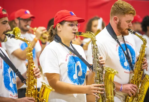The pep band performs at the Patriot Party