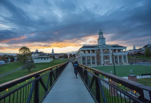 A student walks across the viaduct on the Cumberlands campus.
