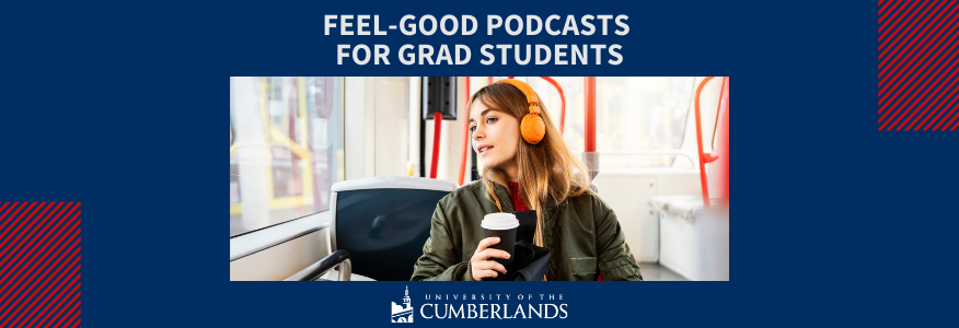 Female student on bus listening to a podcast through headphones