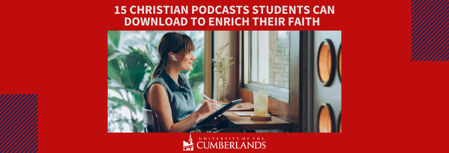 Female student listening to Christian podcast in coffee shop