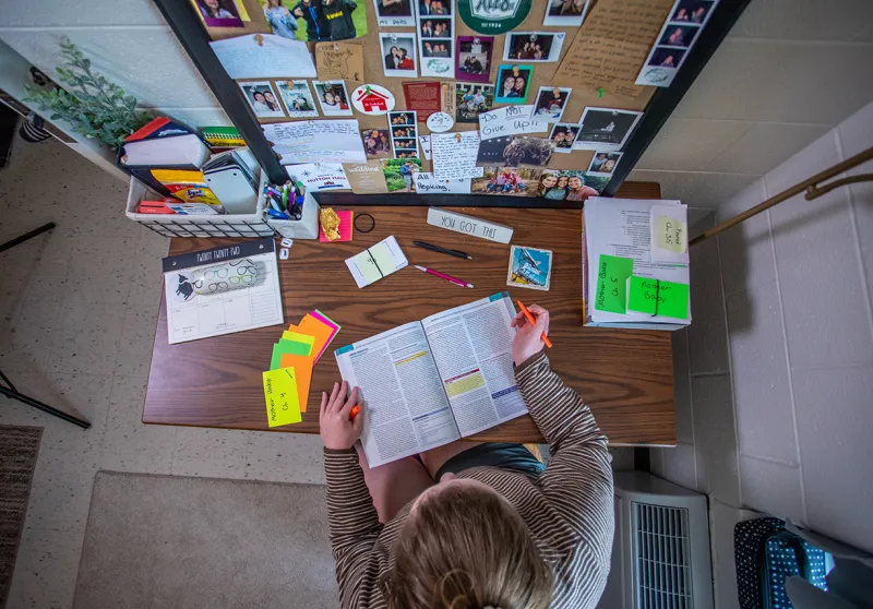 A student studies in her dorm room. 