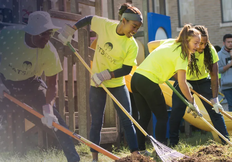 Two male and two female students use rakes to clean weeds from a flowerbed during a service event. 