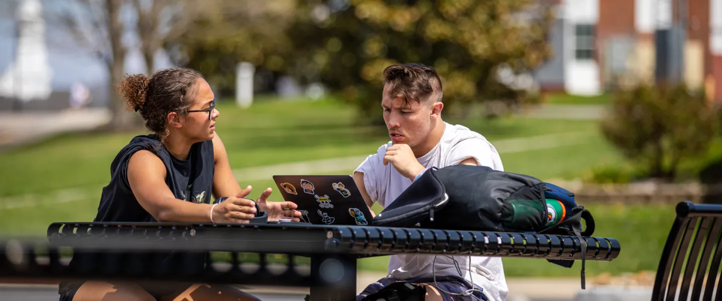 Two students looking at a laptop
