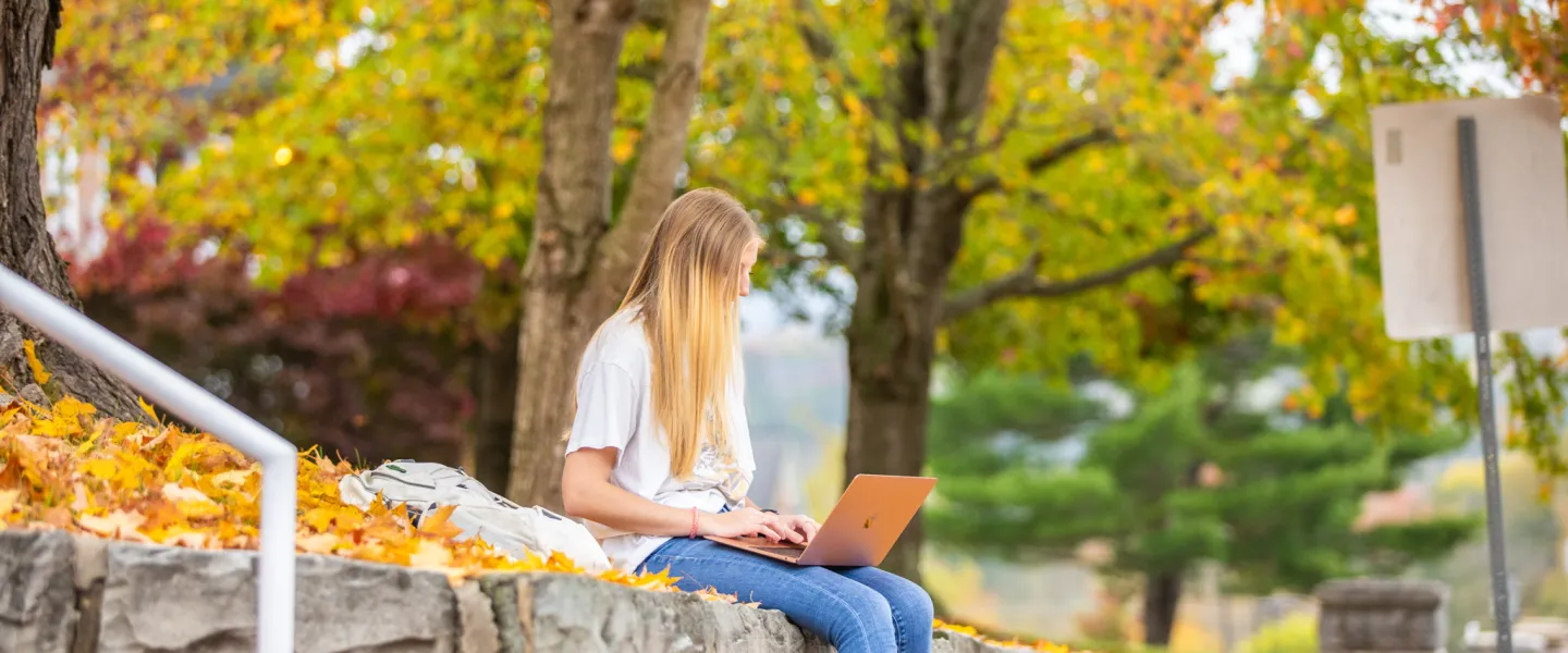 A student sitting on a wall using a laptop