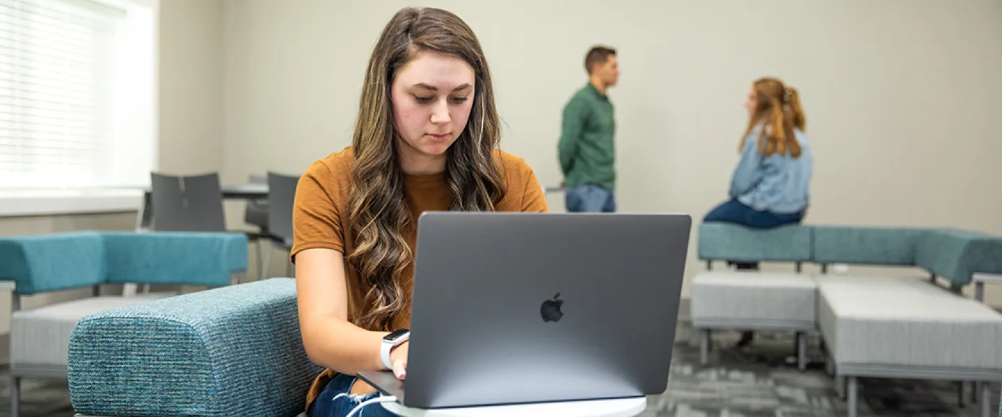 A student using a laptop. 