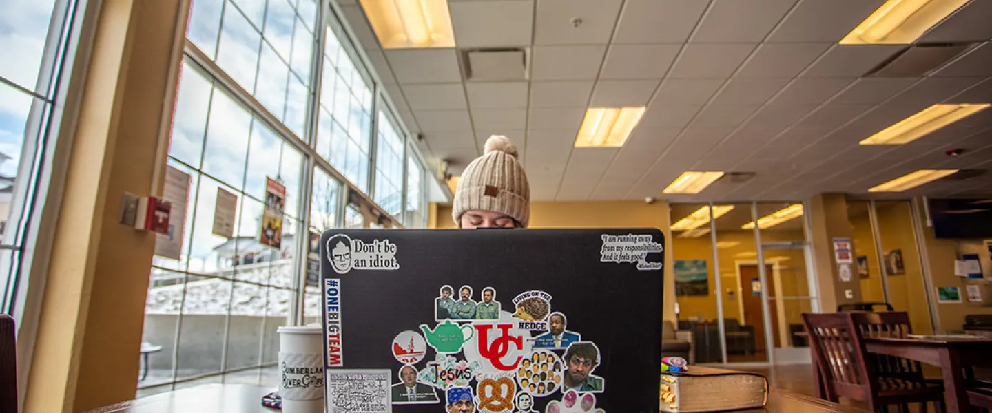 A girl studying on a snow day using a laptop.