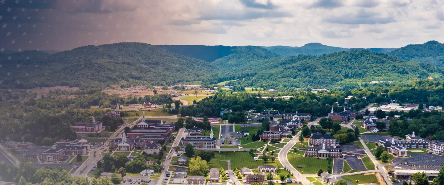 A mountain aerial view of campus. 