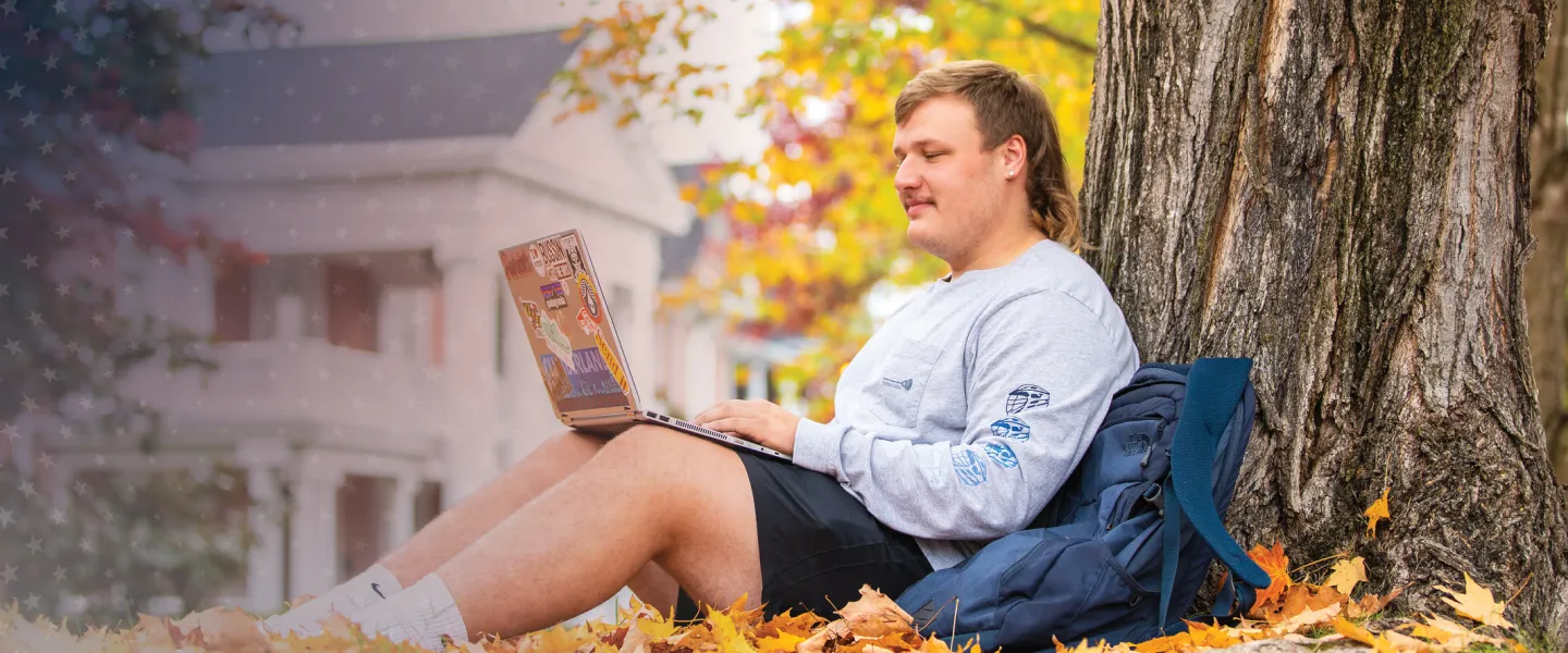 A student studies under a tree amongst fallen leaves on campus.