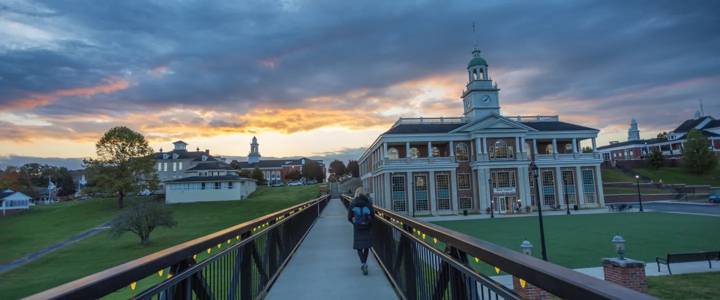 A student walks across the viaduct on the Cumberlands campus.