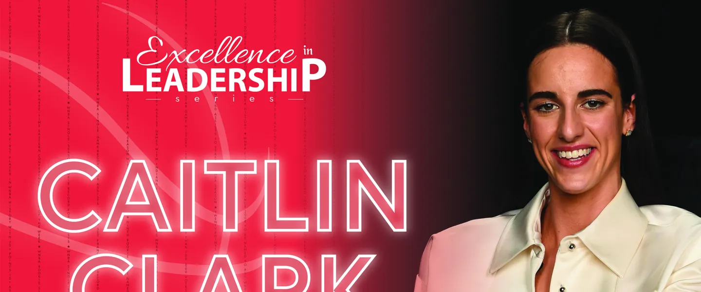A graphic depicting Caitlin Clark as the 2025 leadership event speaker. 