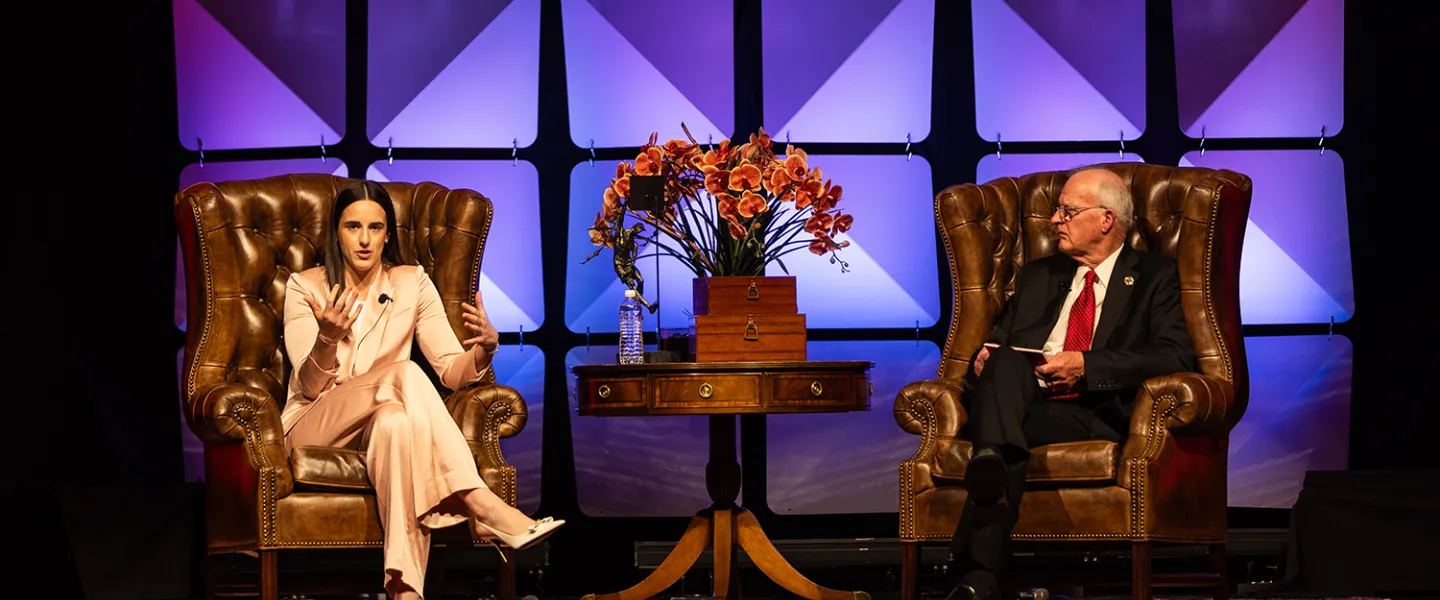 Caitlin Clark speaks during the 2025 Excellence in Leadership event. 