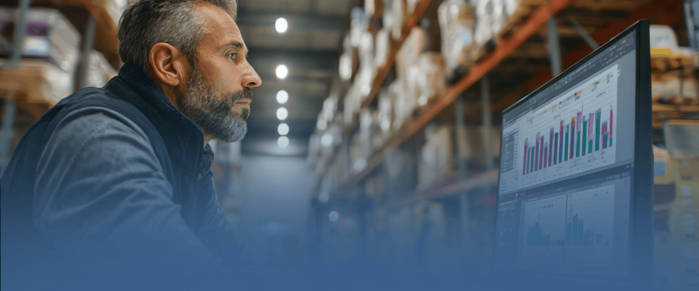 Man Looking at Charts on Desktop in Warehouse