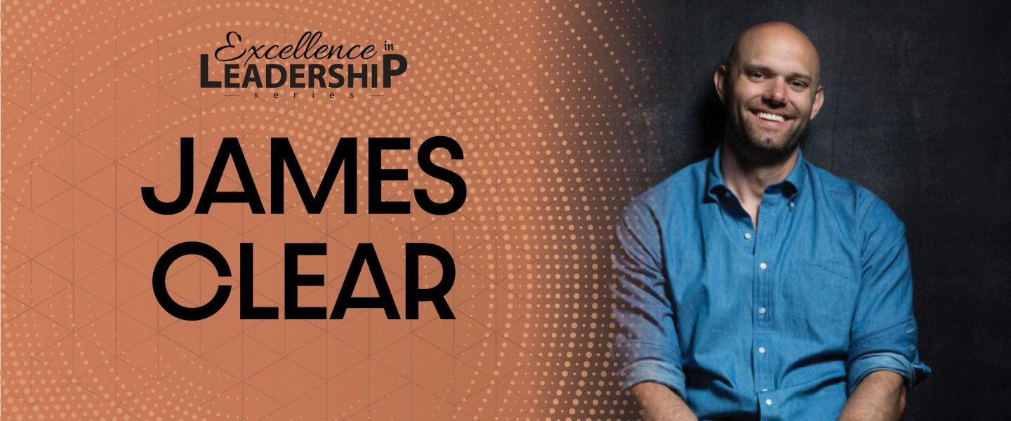 A graphic with an image of author James Clear depicting the date for the annual Leadership event. 