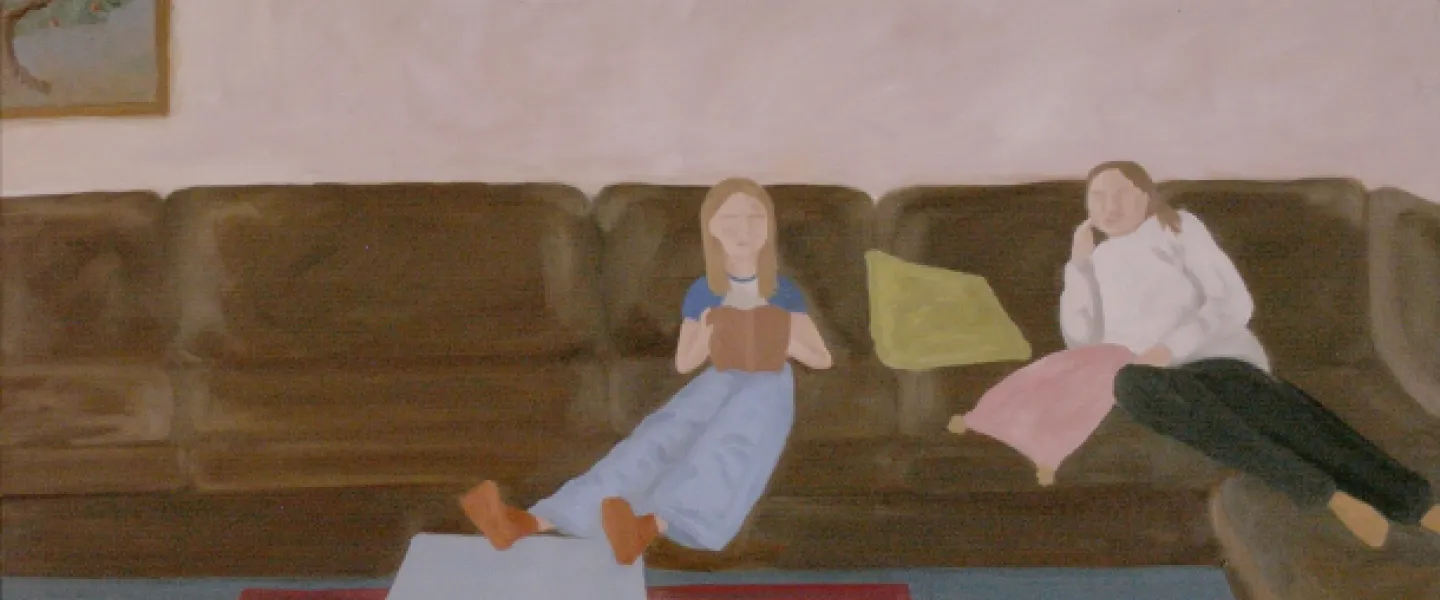A student painting of two individuals sitting on a couch. 