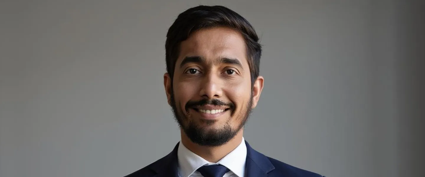 Rupesh Shirke poses in a blue suit. 