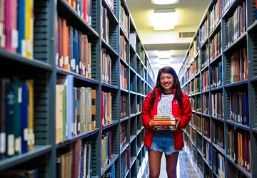 Student standing next to bookshelves