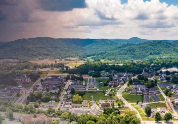 A mountain aerial view of campus. 