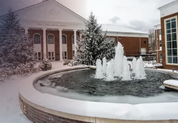 Snow on campus near the fountain. 