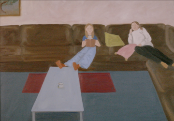 A student painting of two individuals sitting on a couch. 