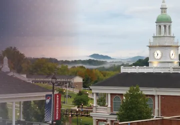Fog rises above the university campus center during an early fall morning. 