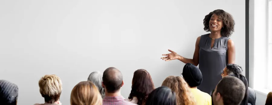 businesswoman gives presentation