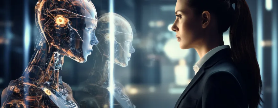 An artificial intelligence expert studies a robot. 