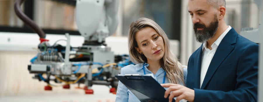 A man and woman look over plans inside a factory. 