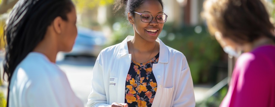 A female health worker is getting other women to complete a survey.