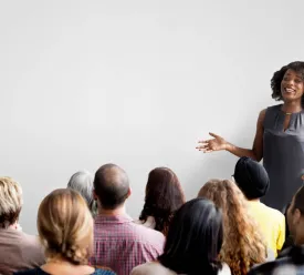 businesswoman gives presentation