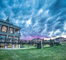 An image of the campus and its buildings at sunset. 